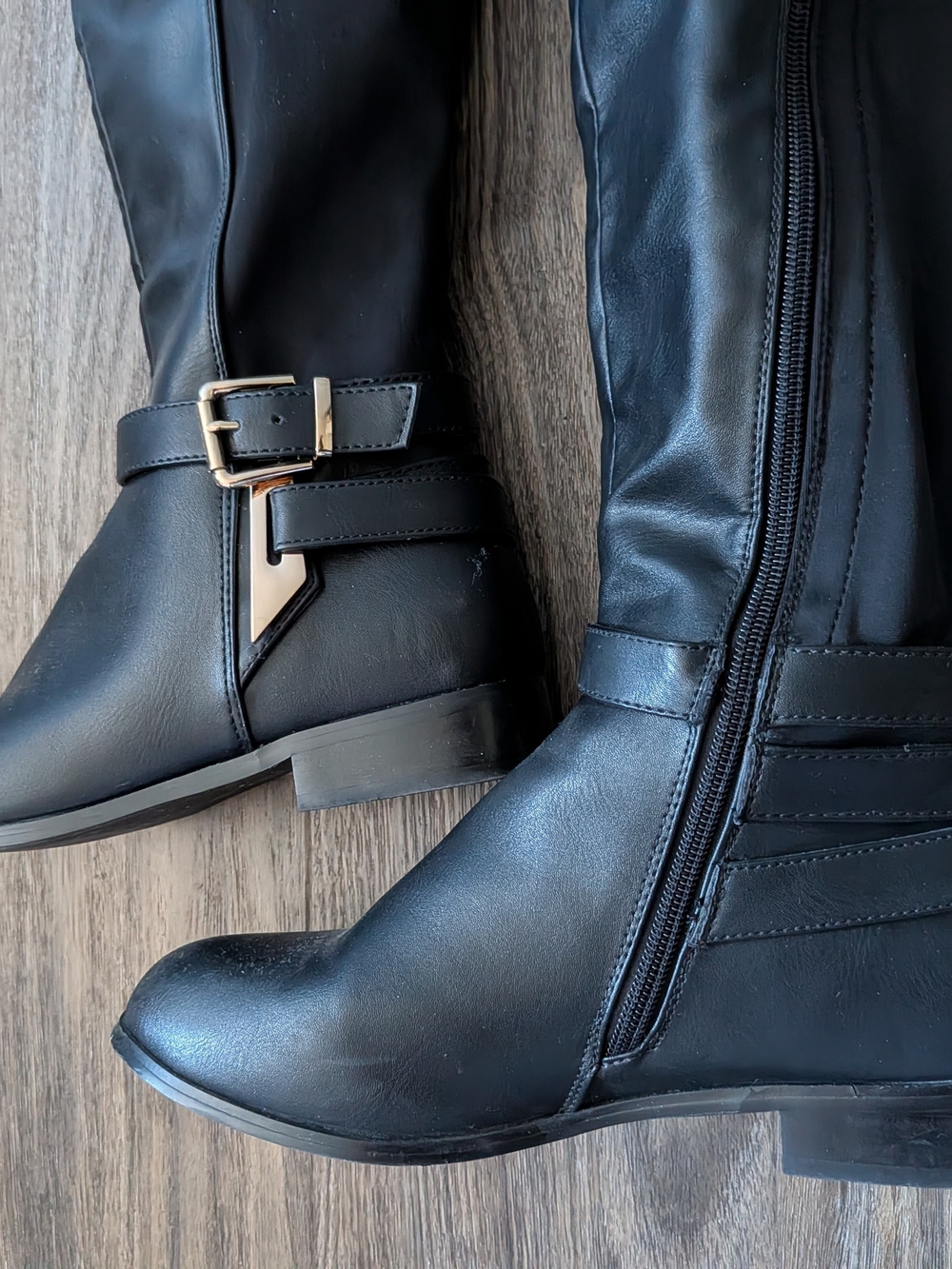 Women's Black Knee-High Riding Boots with Buckle Detail